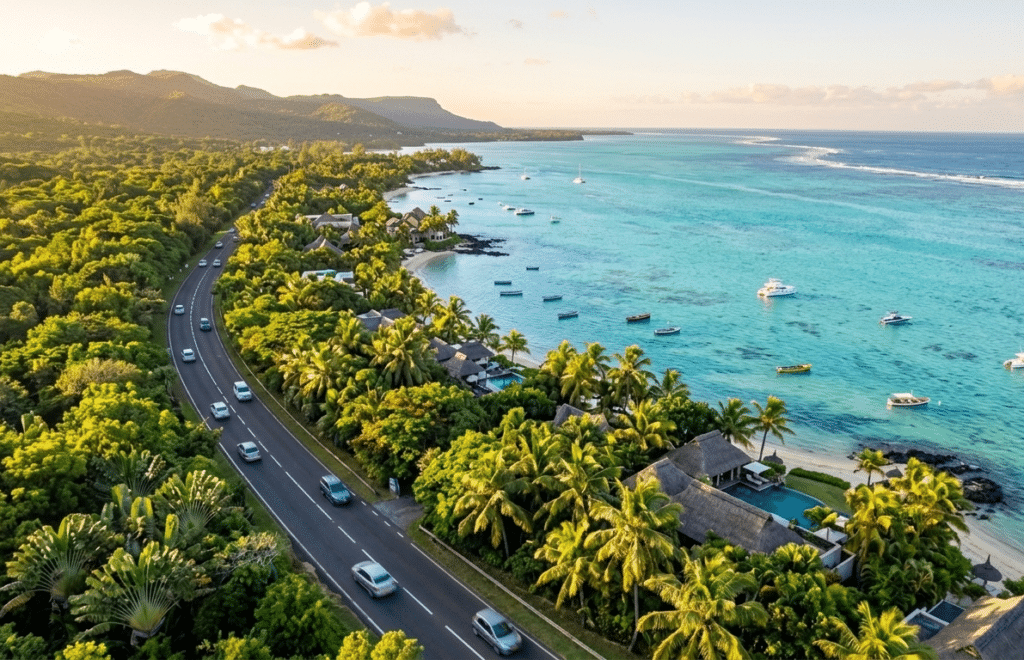 Mauritius transport guide – coastal road along the turquoise Indian Ocean lagoon